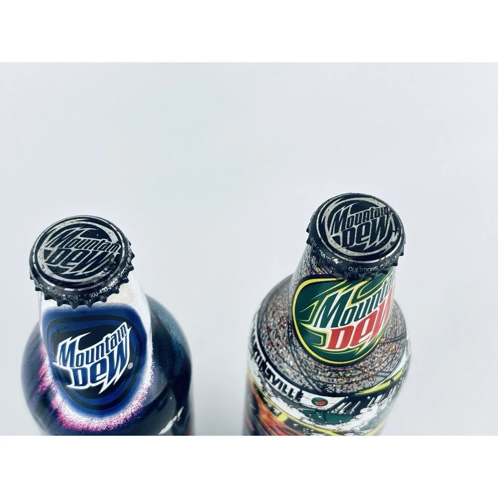 Lot of 2 NASCAR 2008 Mountain Dew Full Aluminum Bottles Green Label Art